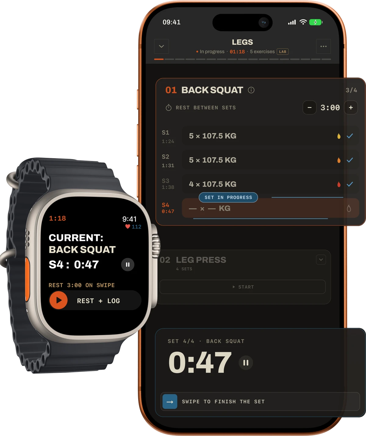 Basalt Lab on iPhone and Apple Watch — workout in progress
